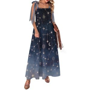 Starry Sky Constellations Runes Print Tie Strap Ankle Maxi Dress