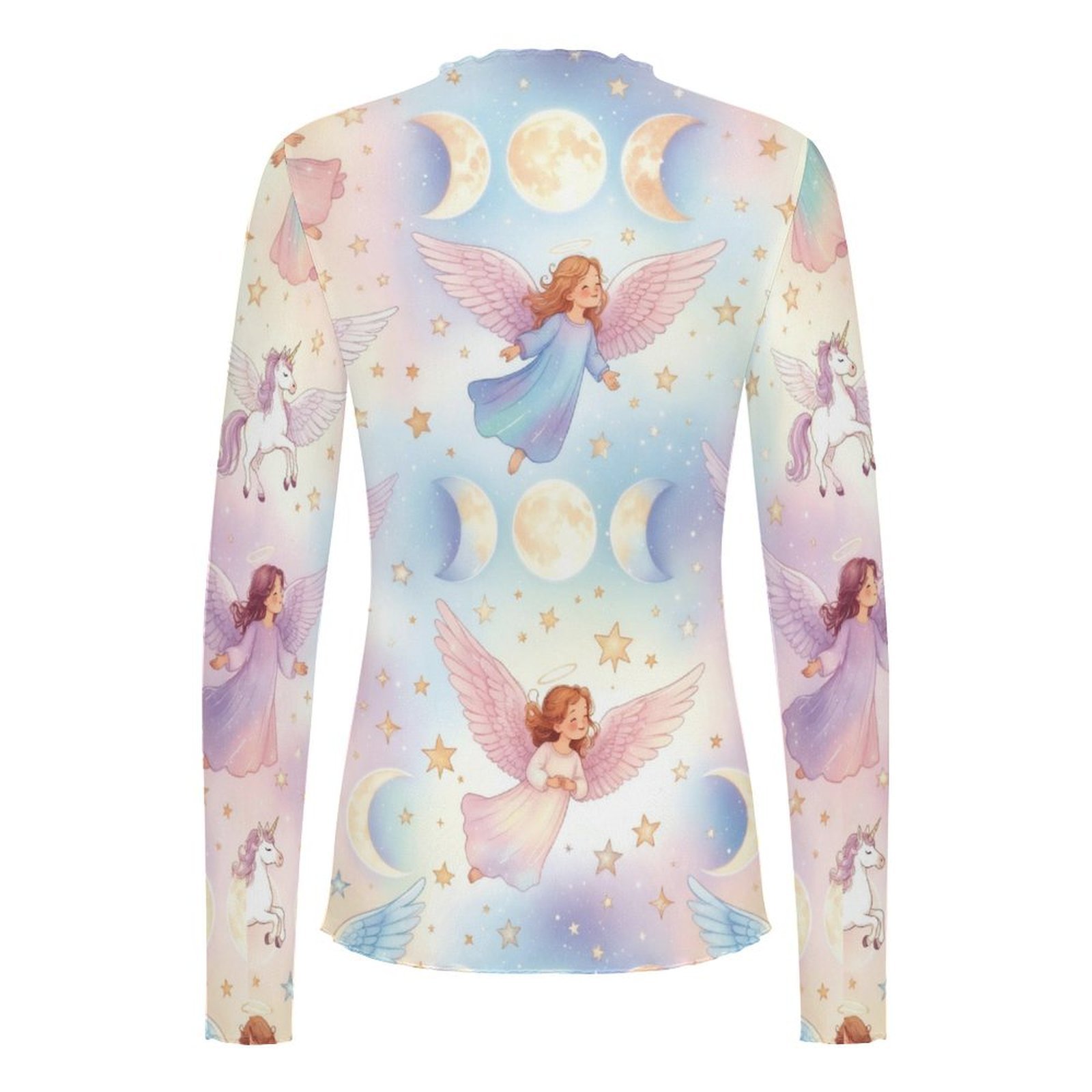 Women's Sweet Angel print sheer mesh blouse High Neck Long Sleeved Mesh Top - Image 3