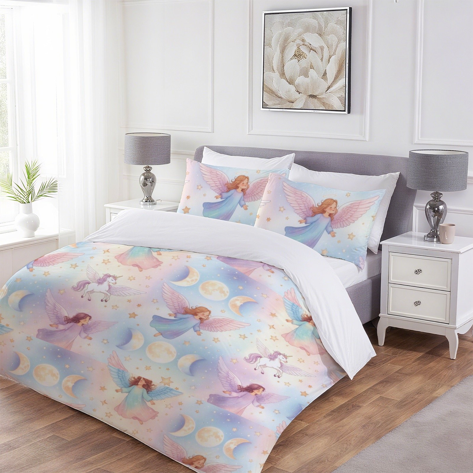 mystical angels, unicorns and triple moons queen size comforter duvet set 3-Piece Bedding Set 90x90inch - Image 4