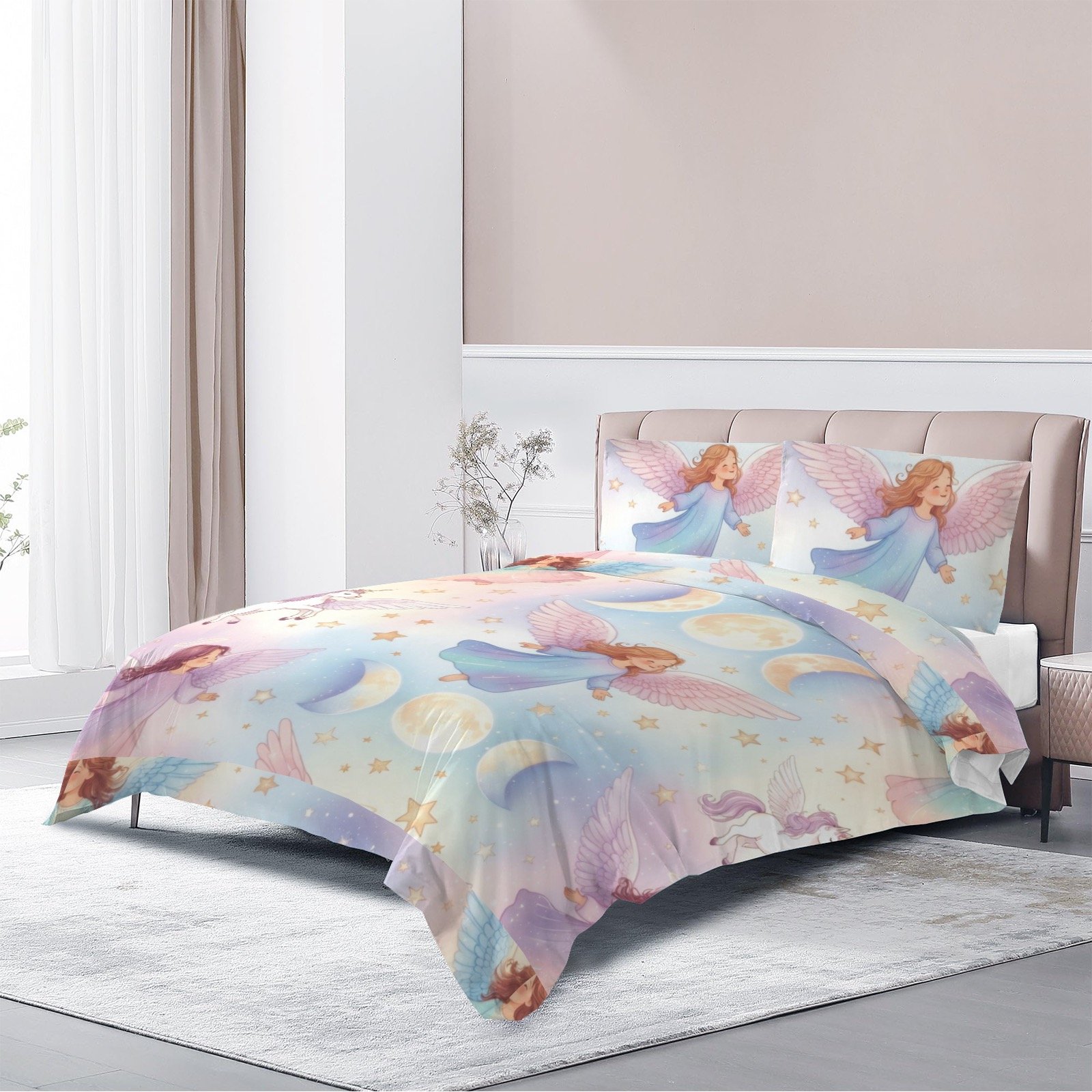 Mystical Angels, Unicorns and Triple Moon Comforter Set 4-Piece Bedding Set with Blank Fitted Sheet 74.8x82.7inch - Image 2