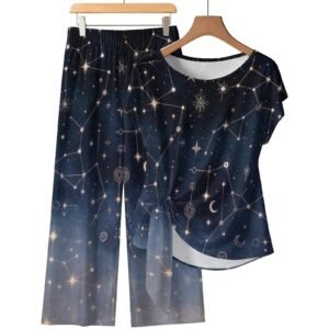 Starry Constellation Runes Print Womens Side-Tie Short Sleeve Top & Wide-Leg Pants Set