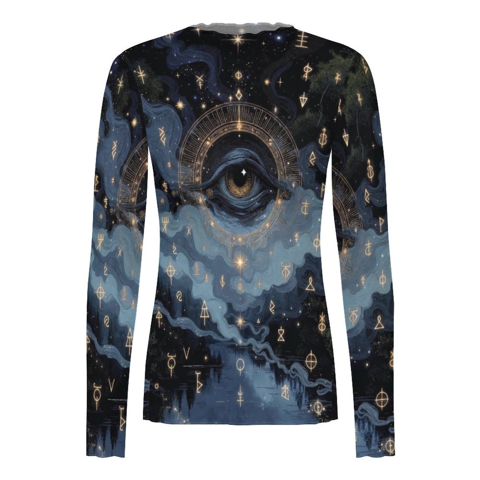 Women's Starry Eyed mystical print Sheer Blouse High Neck Long Sleeved Mesh Top - Image 2
