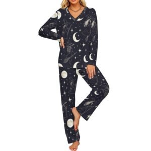 Moon Witch Stars Womens V-Neck Long Sleeve Pajama Set with Pockets