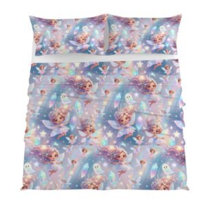 Mystical Fairies Comforter Set, Pastel Fairies, Fairytale Bedding 4-Piece Bedding Set with Blank Fitted Sheet 82.7x82.7inch