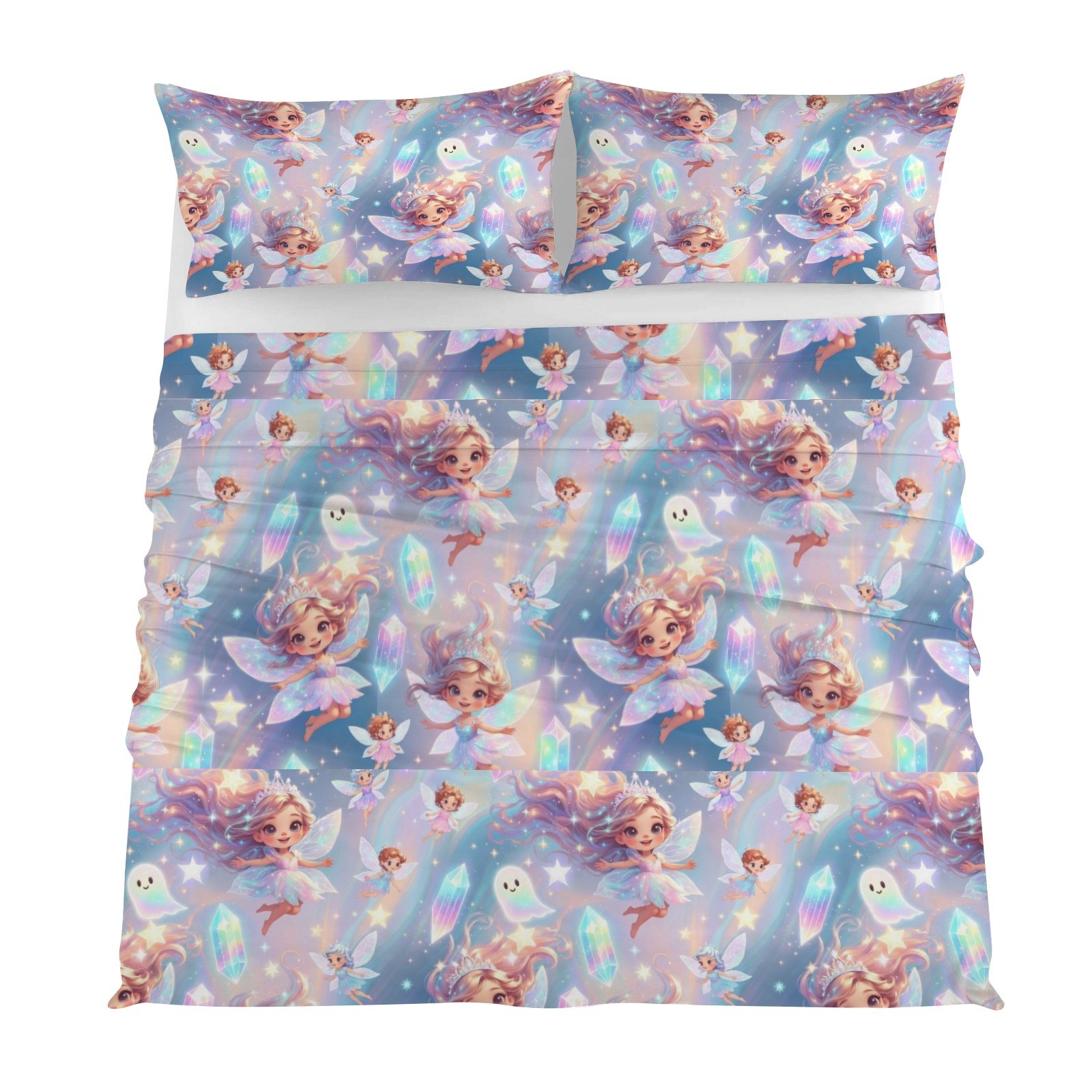 Mystical Fairies Comforter Set, Pastel Fairies, Fairytale Bedding 4-Piece Bedding Set with Blank Fitted Sheet 82.7x82.7inch