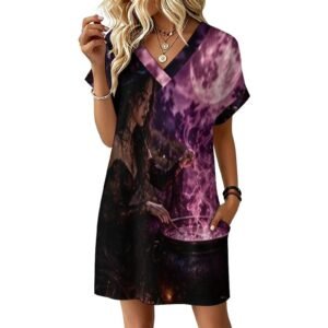Dracula Follows Me Witch and Cauldron Pink Full Moon Womens Casual V-Neck Dress with Rolled Cuffs