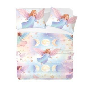 Mystical Angels, Unicorns and Triple Moon Comforter Set 4-Piece Bedding Set with Blank Fitted Sheet 74.8x82.7inch