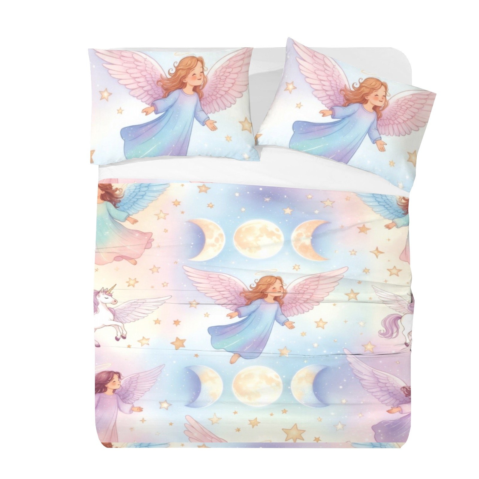 Mystical Angels, Unicorns and Triple Moon Comforter Set 4-Piece Bedding Set with Blank Fitted Sheet 74.8x82.7inch