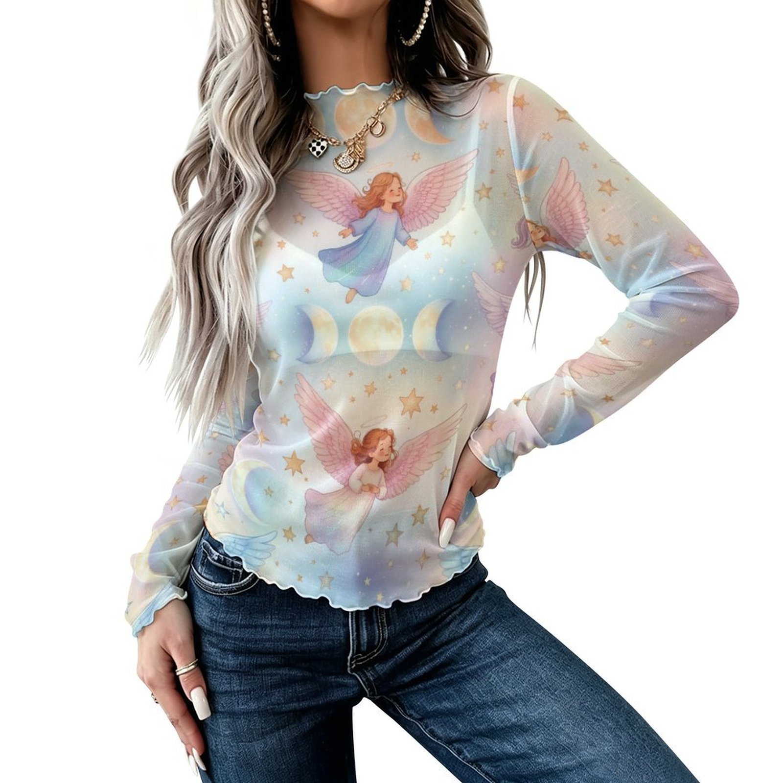 Women's Sweet Angel print sheer mesh blouse High Neck Long Sleeved Mesh Top