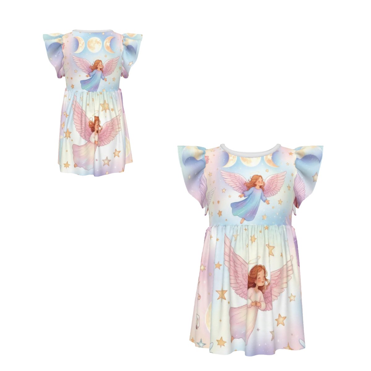 Angel's, Unicorn's and Triple Moon print Little Girls Ruffle Sleeve Crew Neck Dress - Image 3