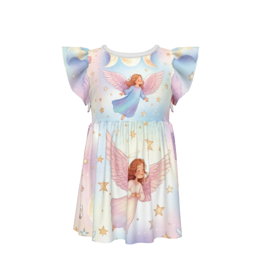 Angel's, Unicorn's and Triple Moon print Little Girls Ruffle Sleeve Crew Neck Dress