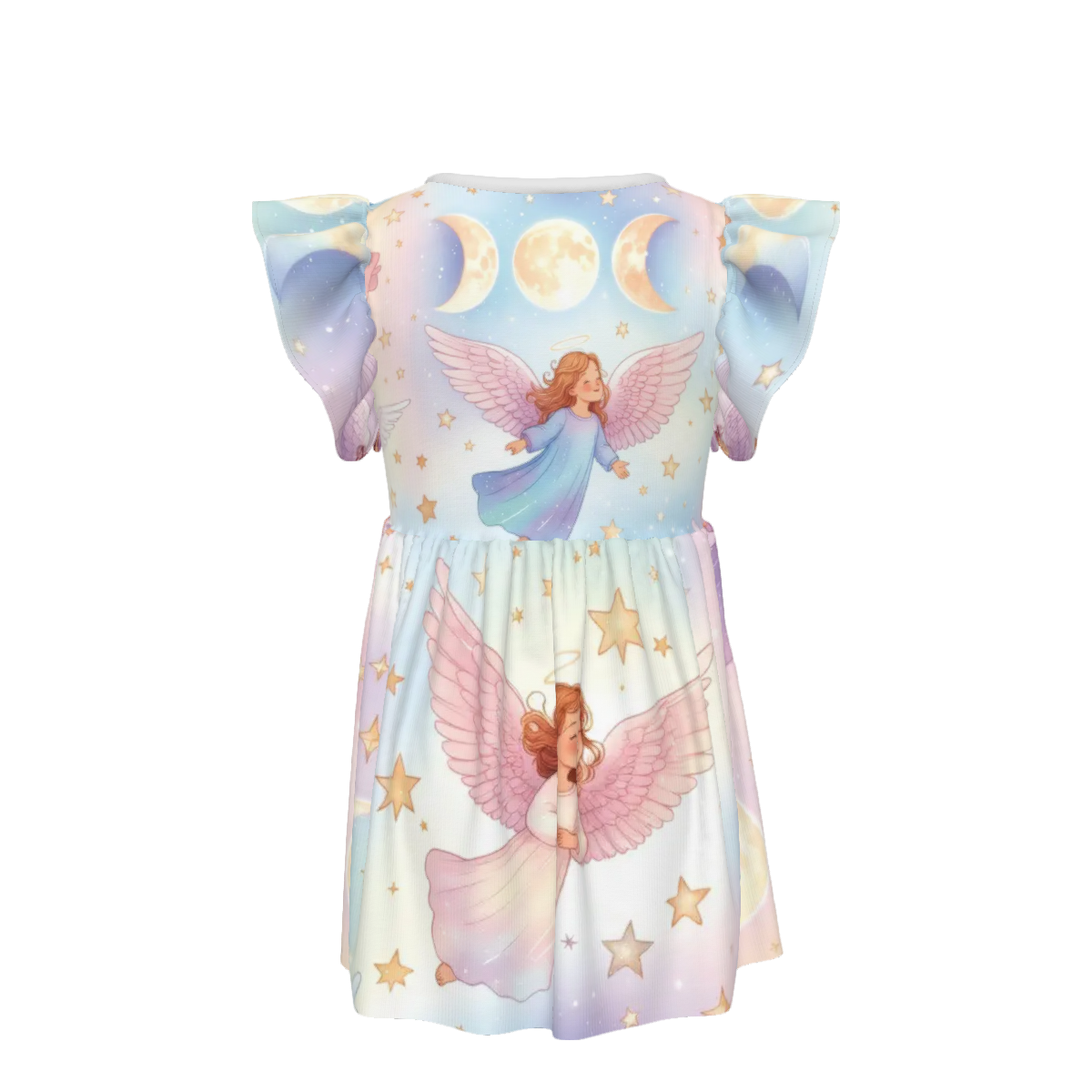 Angel's, Unicorn's and Triple Moon print Little Girls Ruffle Sleeve Crew Neck Dress - Image 2