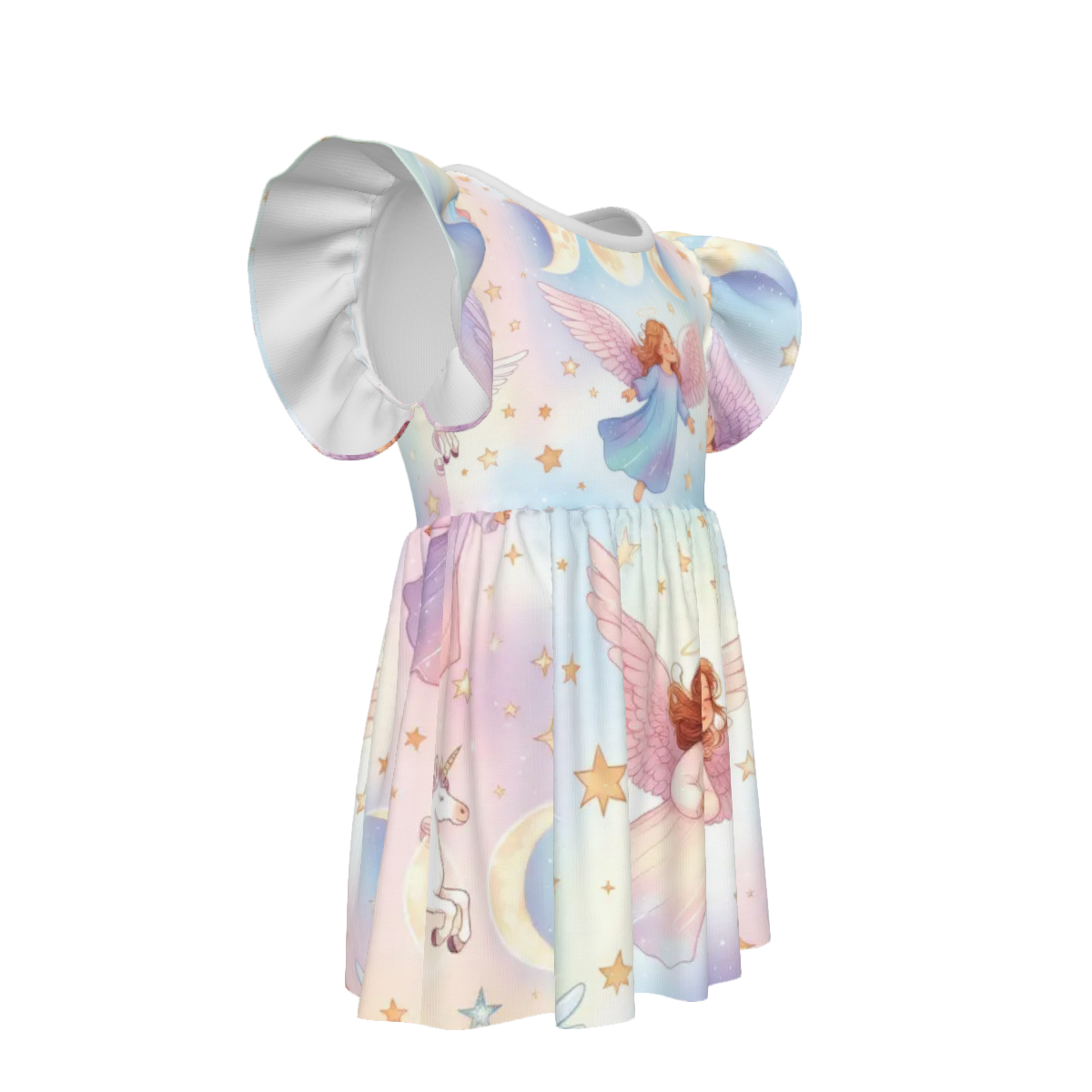 Angel's, Unicorn's and Triple Moon print Little Girls Ruffle Sleeve Crew Neck Dress - Image 4