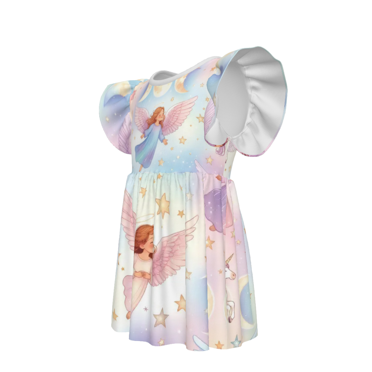 Angel's, Unicorn's and Triple Moon print Little Girls Ruffle Sleeve Crew Neck Dress - Image 5