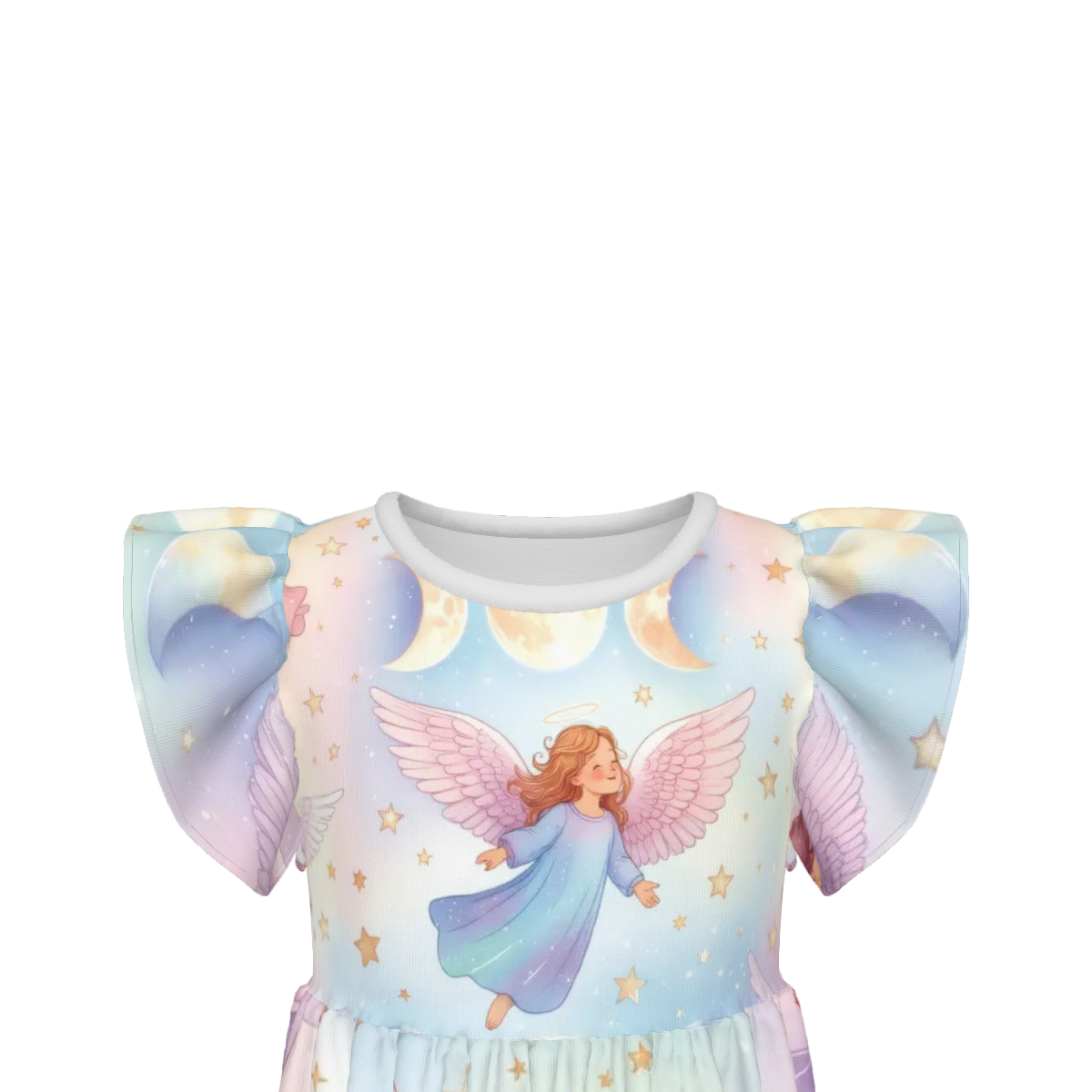 Angel's, Unicorn's and Triple Moon print Little Girls Ruffle Sleeve Crew Neck Dress - Image 6