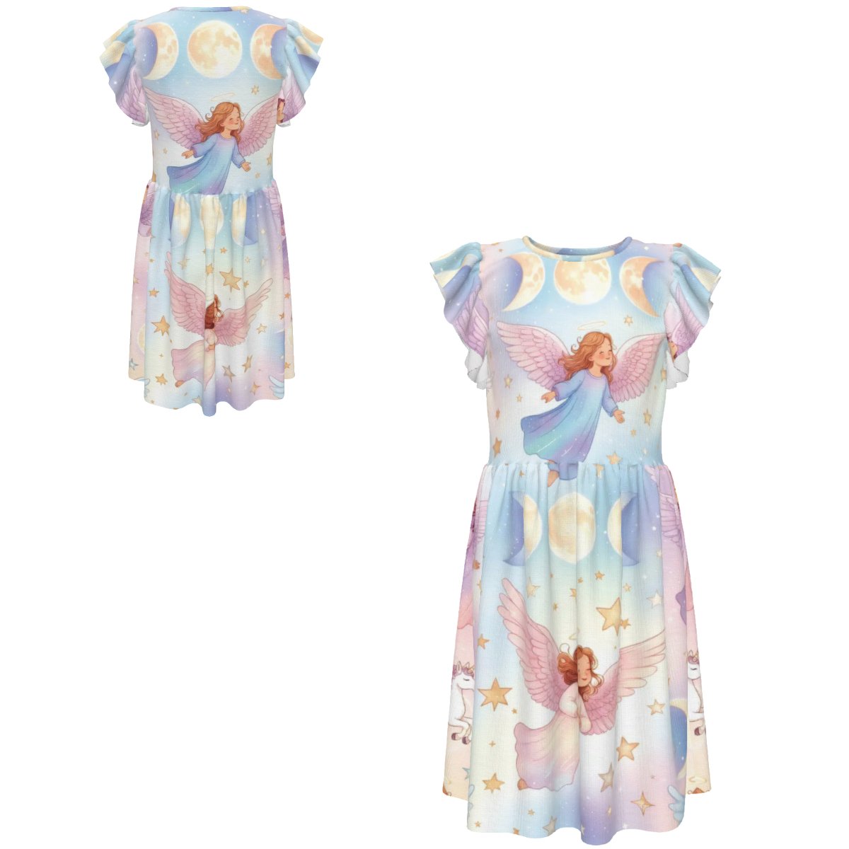 Big Girl's Triple Moon Angel Unicorn print Dress Ruffle Sleeve Crew Neck Dress - Image 3