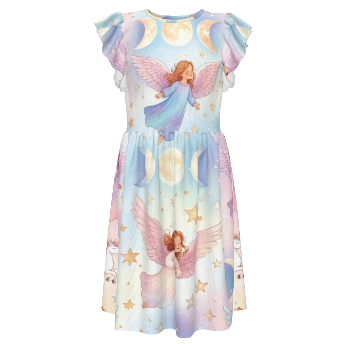 Big Girl's Triple Moon Angel Unicorn print Dress Ruffle Sleeve Crew Neck Dress