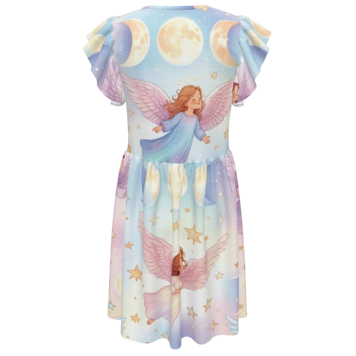 Big Girl's Triple Moon Angel Unicorn print Dress Ruffle Sleeve Crew Neck Dress - Image 2