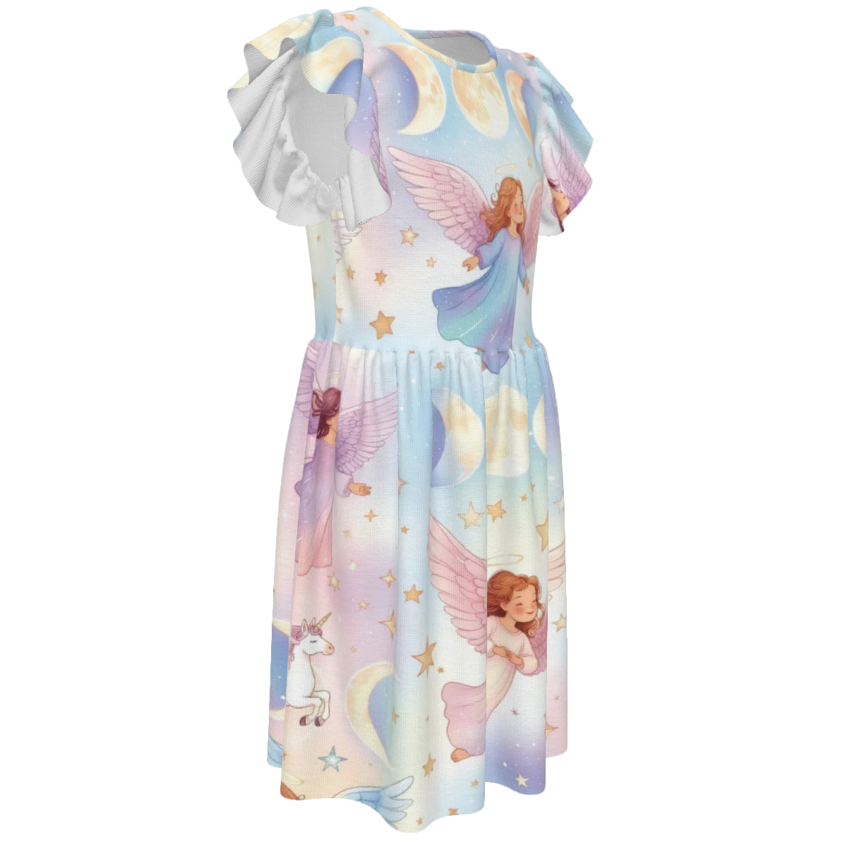 Big Girl's Triple Moon Angel Unicorn print Dress Ruffle Sleeve Crew Neck Dress - Image 4