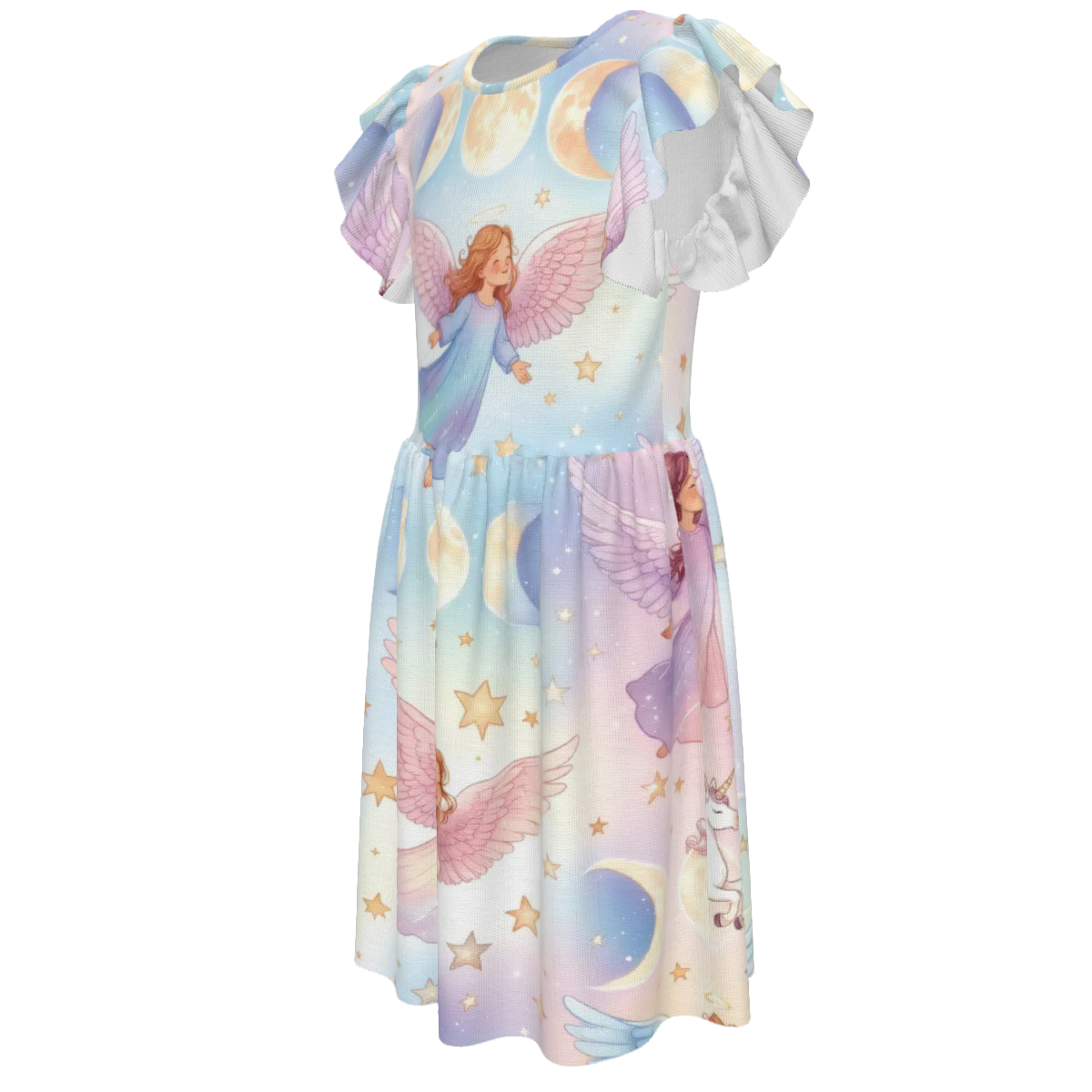 Big Girl's Triple Moon Angel Unicorn print Dress Ruffle Sleeve Crew Neck Dress - Image 5