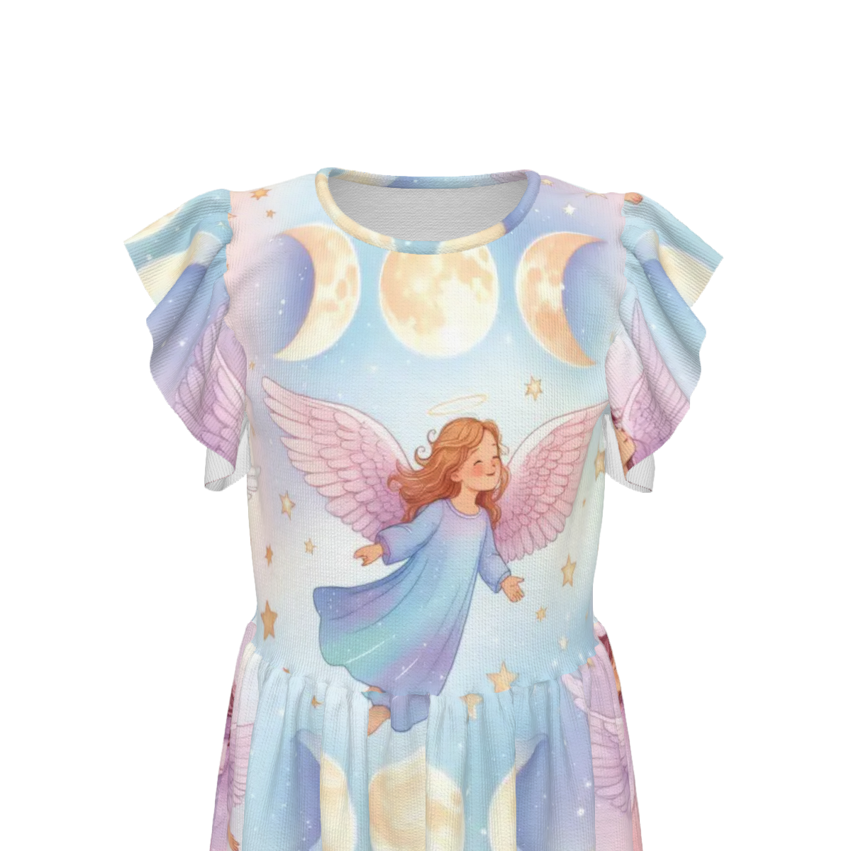 Big Girl's Triple Moon Angel Unicorn print Dress Ruffle Sleeve Crew Neck Dress - Image 6