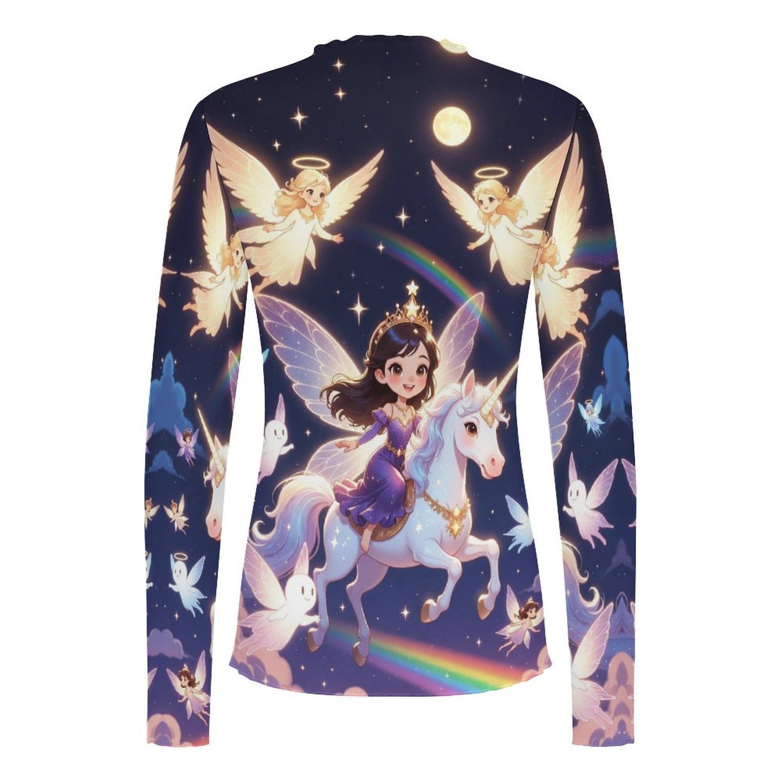 Women's Fairies and angels unicorn print sheer blouse High Neck Long Sleeved Mesh Top - Image 3