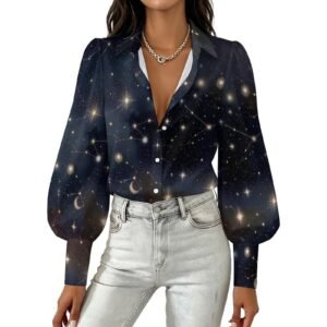 Starry Night Sky Long Sleeve Lantern Sleeve Shirt