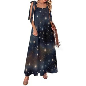 Starry Night Sky Women Tie Strap Ankle Maxi Dress