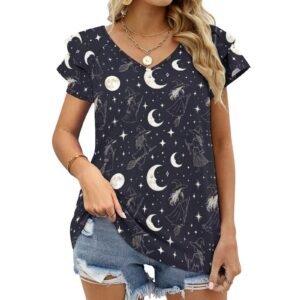Moon Witch Womens Ruffle Sleeve V-Neck T-Shirt