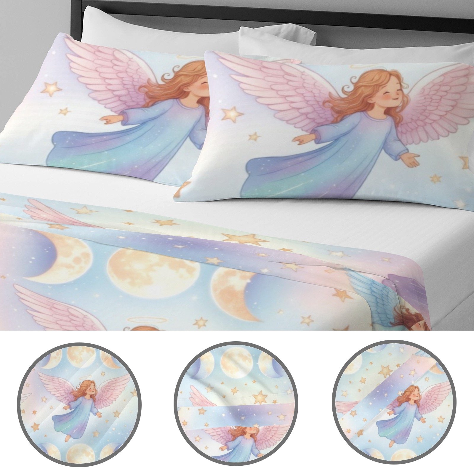 Mystical Angels, Unicorns and Triple Moon Comforter Set 4-Piece Bedding Set with Blank Fitted Sheet 74.8x82.7inch - Image 4