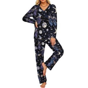 Moon Witch Womens Jammies V-Neck Long Sleeve Pajama Set with Pockets