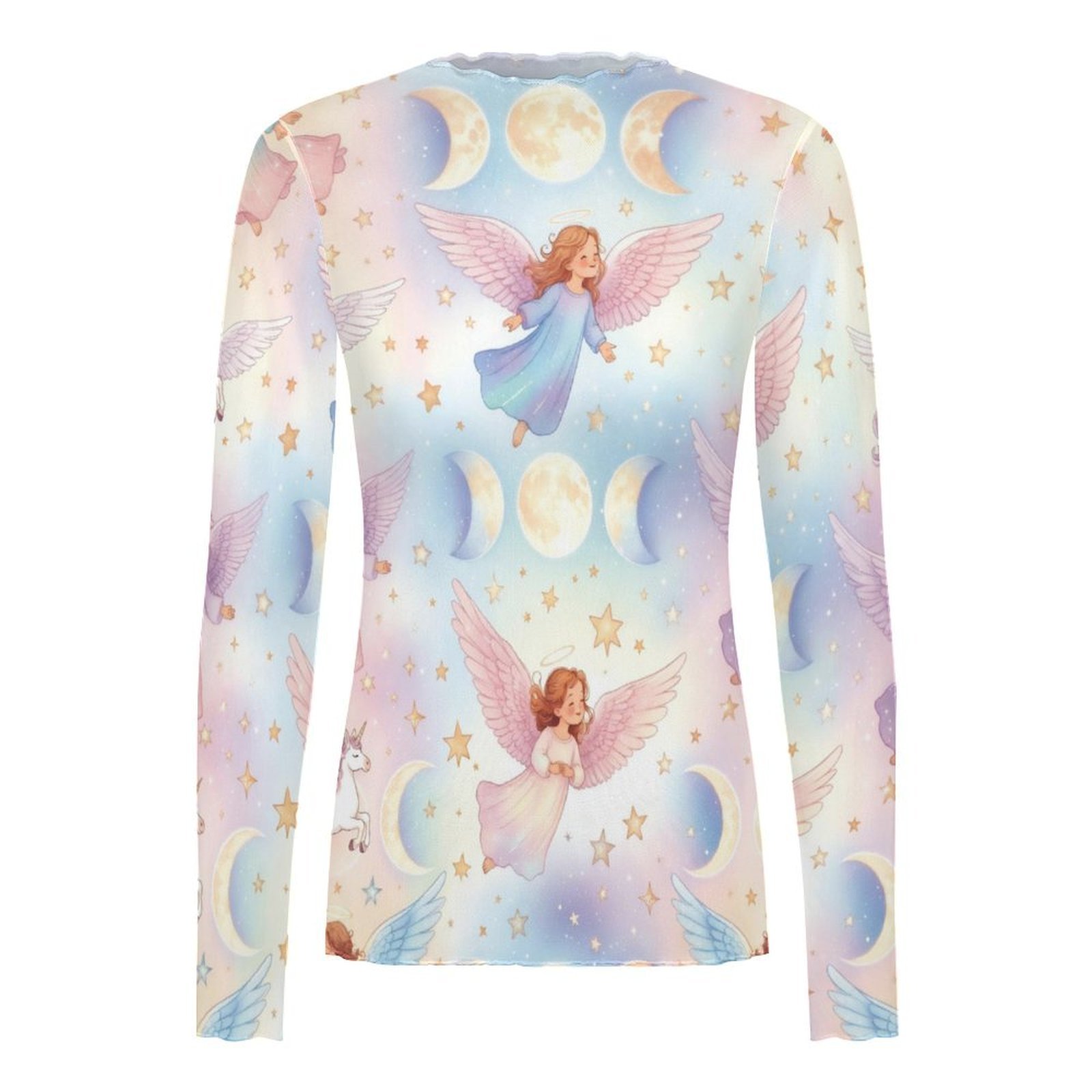 Women's Sweet Angel print sheer mesh blouse High Neck Long Sleeved Mesh Top - Image 2