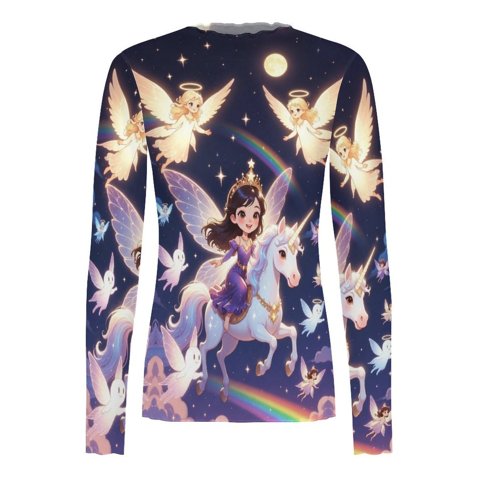 Women's Fairies and angels unicorn print sheer blouse High Neck Long Sleeved Mesh Top - Image 2