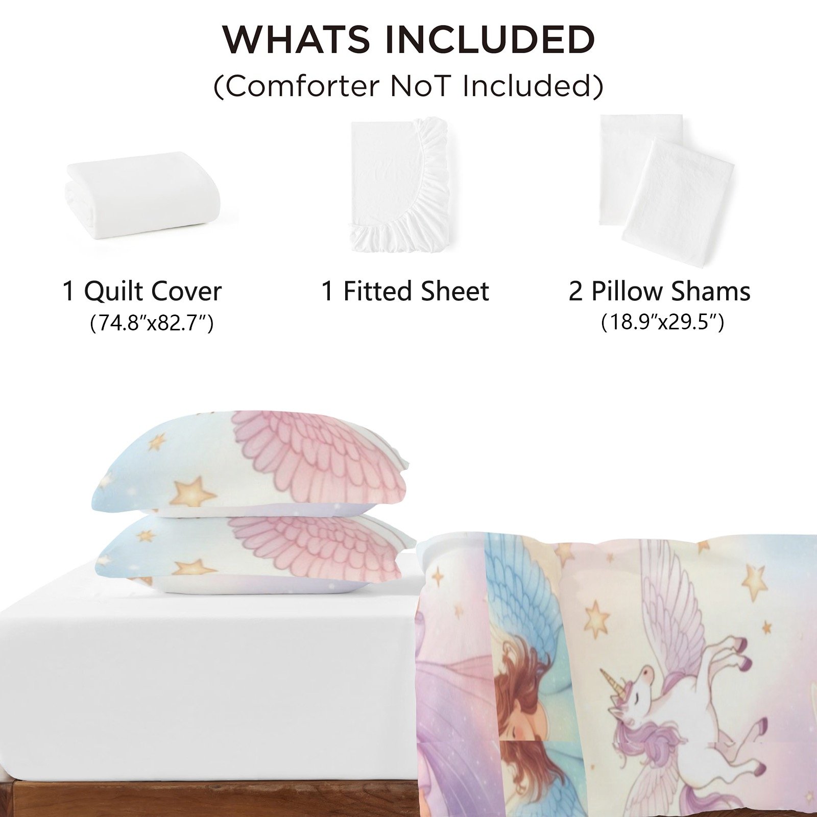 Mystical Angels, Unicorns and Triple Moon Comforter Set 4-Piece Bedding Set with Blank Fitted Sheet 74.8x82.7inch - Image 5