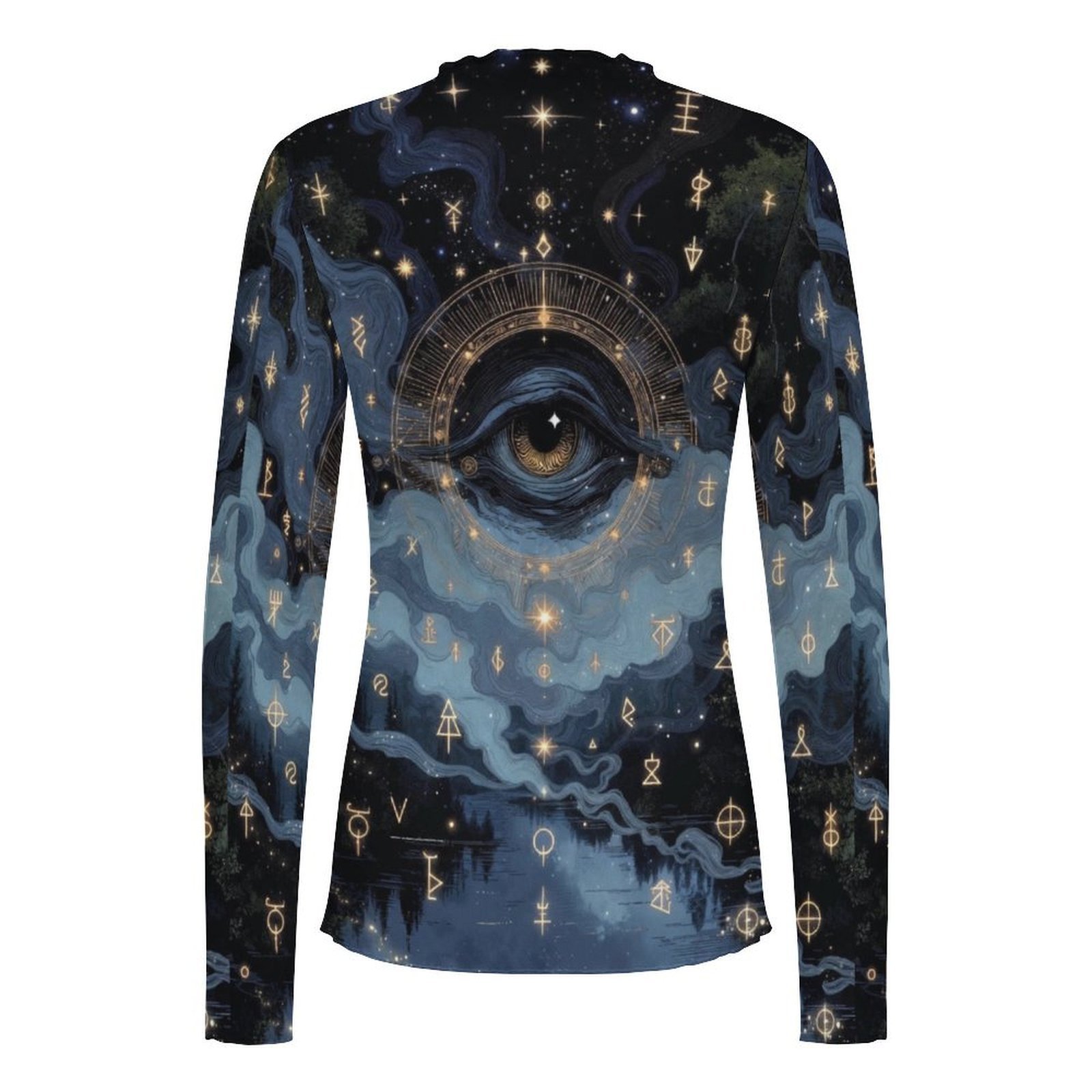 Women's Starry Eyed mystical print Sheer Blouse High Neck Long Sleeved Mesh Top - Image 3