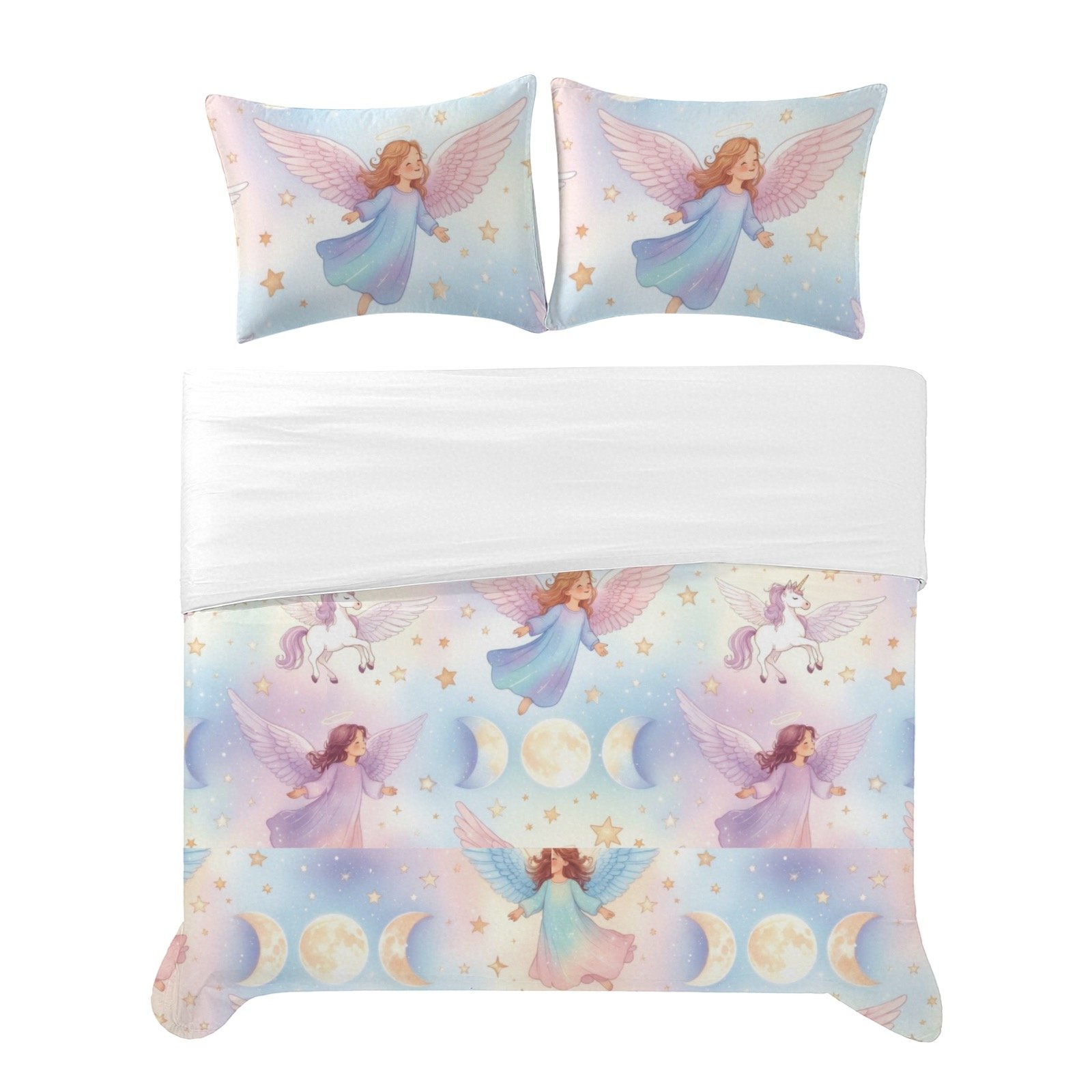 mystical angels, unicorns and triple moons queen size comforter duvet set 3-Piece Bedding Set 90x90inch