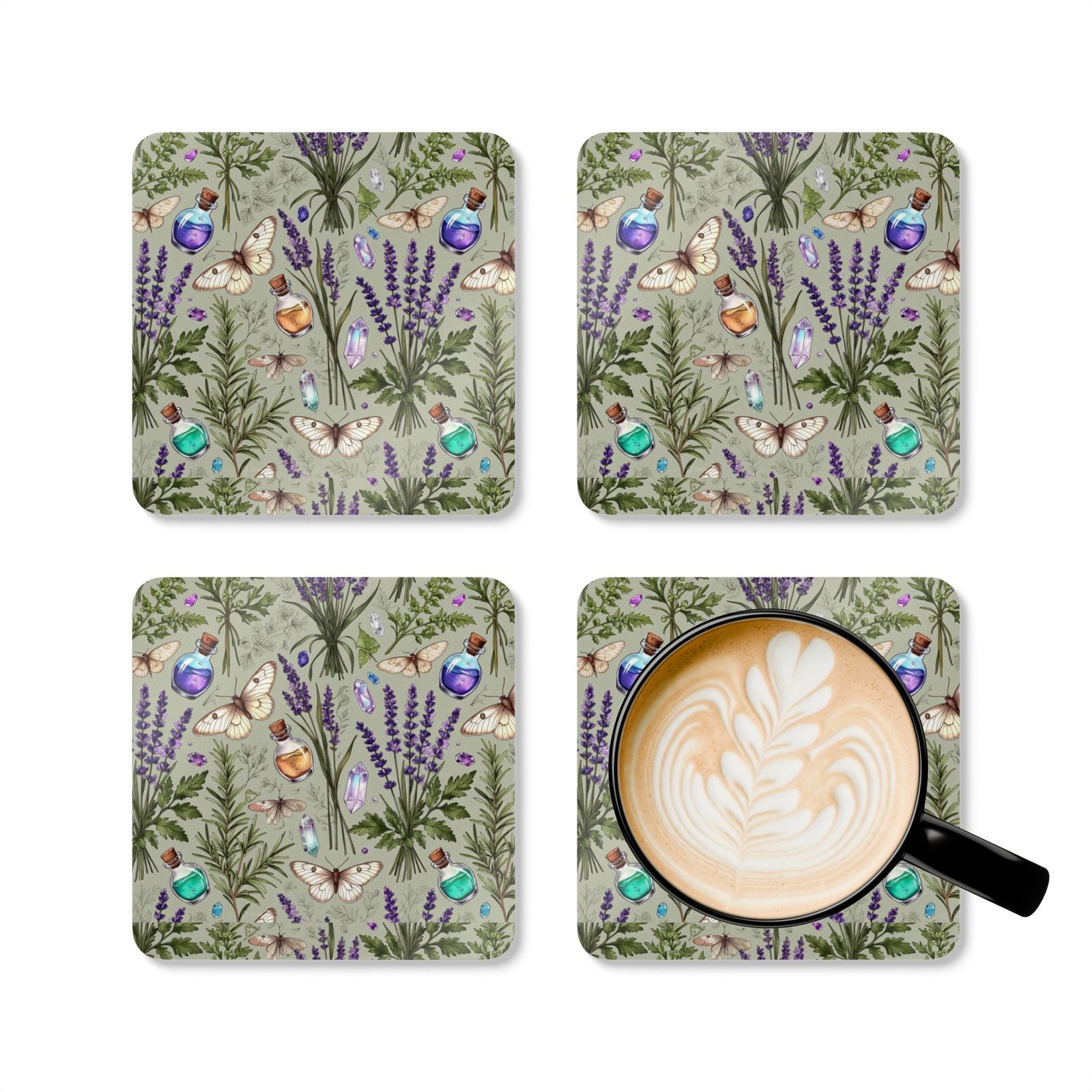 Herbal Apothecary Cork Coaster Set — Lavender, Moths & Potion Bottle Drink Coasters - Image 5
